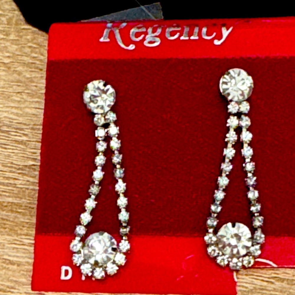 Vintage Regency crystal drop earrings new on card old stock, silver tone